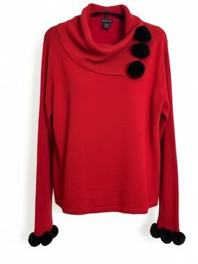 Tally Ho Red Cowl Neck Sweater with Black Pom Trim